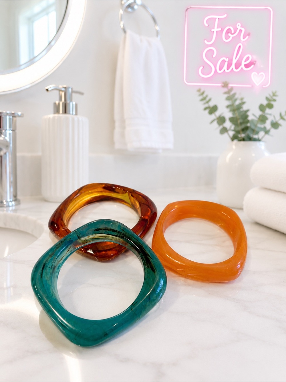 🔴 Set of Three Square Acrylic Bracelets - Teal, Amber, Orange